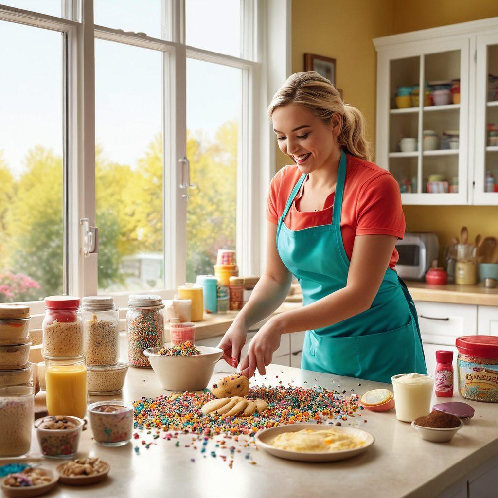 A whimsical kitchen scene filled with vibrant colors, showcasing an array of gourmet treats like cookie dough, adorned cakes, and colorful sprinkles. Include a cheerful baker wearing an apron, mixing ingredients with joy, while flour and toppings are playfully scattered around. A window in the background indicates a sunny day, enhancing the joyful atmosphere. super-realistic. vibrant colors. warm lighting.