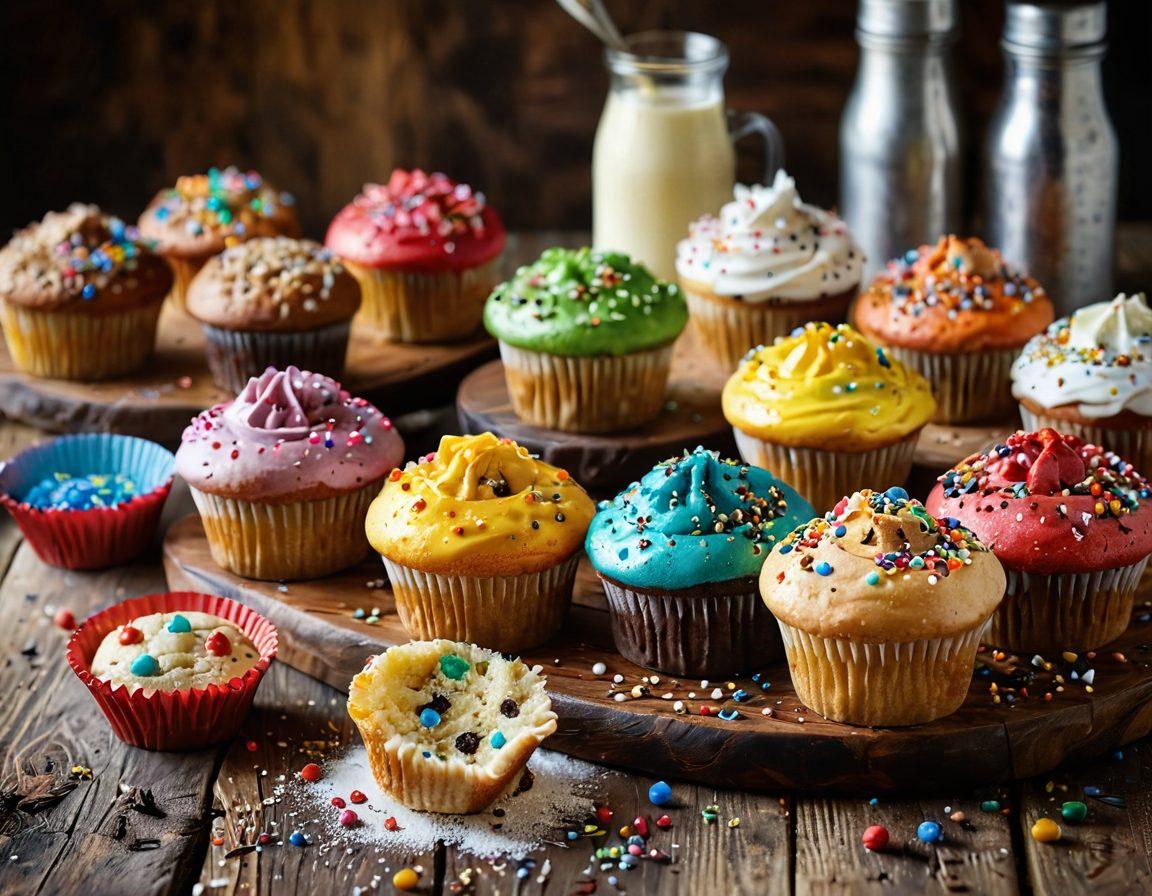 A colorful assortment of freshly baked muffins and cupcakes displayed on a rustic wooden table, with an array of toppings and sprinkles. A soft-focus background featuring a cozy kitchen setting with baking tools and ingredients scattered around. A warm, inviting light illuminating the scene, emphasizing the textures and colors of the baked goods. playful accents of flour dust in the air for a dynamic feel. super-realistic. vibrant colors.