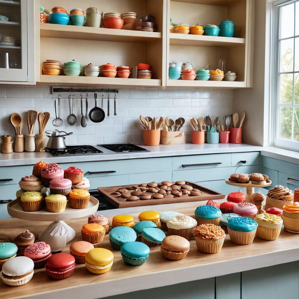 A beautifully arranged kitchen counter showcasing an array of essential baking tools like measuring cups, whisks, and silicone molds, surrounded by gourmet treats such as intricately decorated cupcakes, colorful macarons, and artisan bread. The background features a warm, inviting kitchen with natural light streaming in, emphasizing a creative baking atmosphere. super-realistic. vibrant colors. cozy setting.